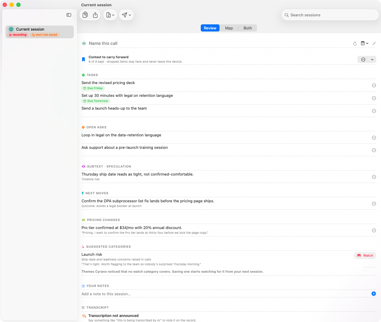 A live session window: the speaker-labelled transcript on the left, with tasks and open asks collecting alongside it as the call runs.