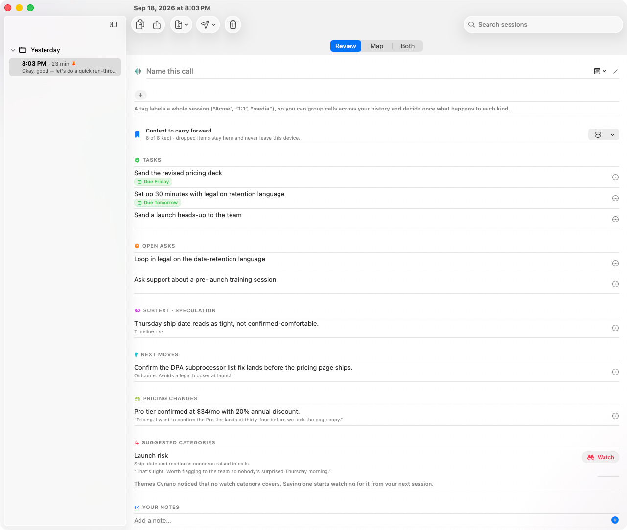 A reviewed session: tasks, open asks, subtext, and next moves grouped above the full speaker-labelled transcript.