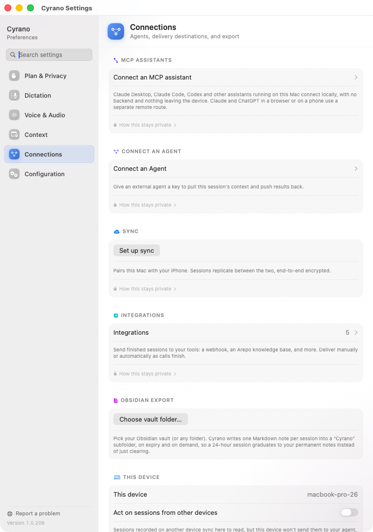 Cyrano's Connections settings: connect an agent, delivery integrations, Obsidian export, encrypted sync, and per-device behaviour.