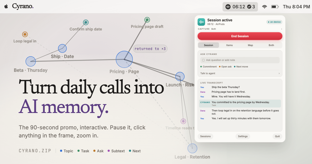 Cyrano. Turn daily calls into AI memory. A session map of a call's topics, one point opened to the exact line behind it.